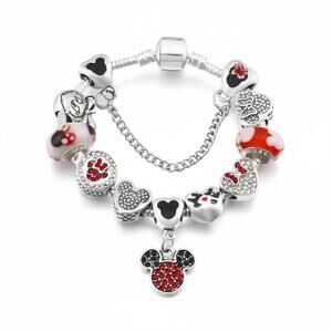 Disney Mickey & Minnie Mouse Charm Bracelet - Red Crystal Hearts - Safety Chain